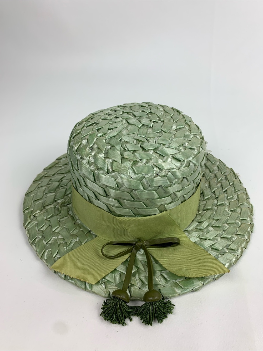 Vintage Straw Sun top Hat with Ribbon and Tassel Light Green Derby style